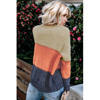 Gray Color Block Netted Texture Pullover Sweater Brown Yellow